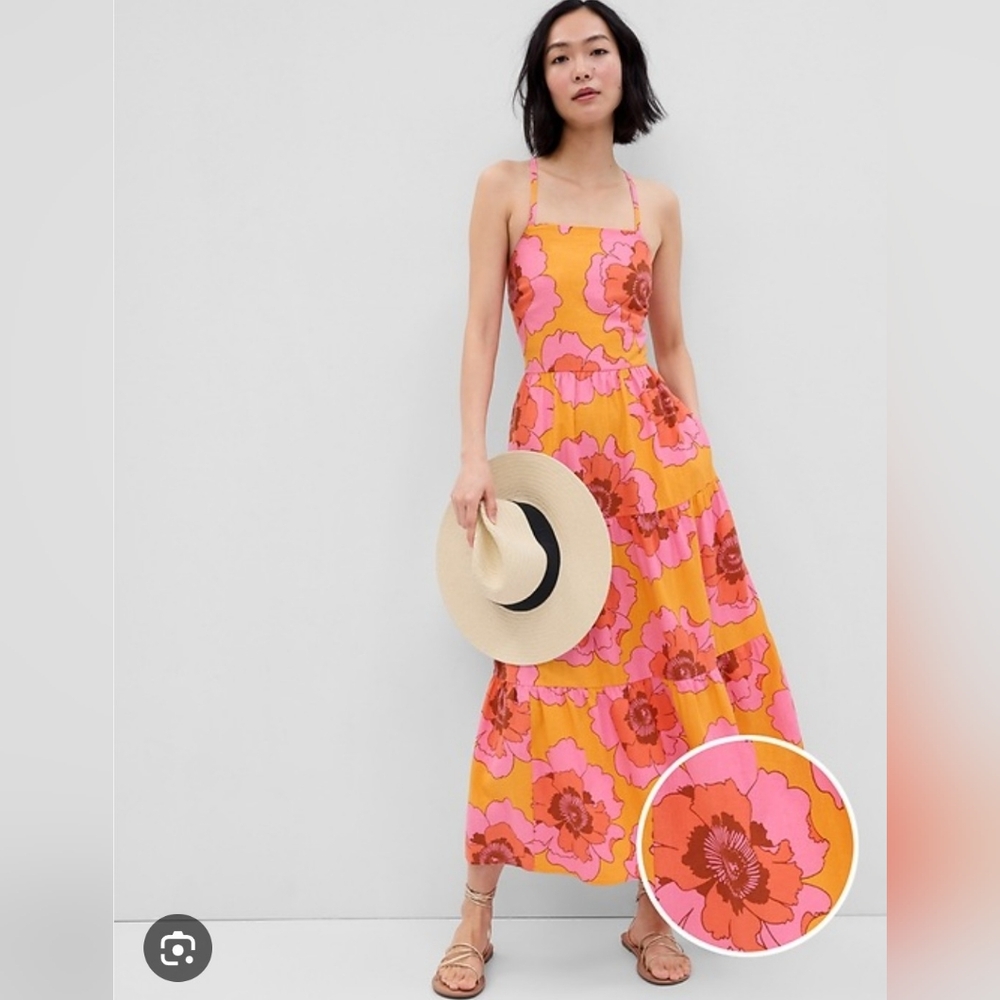 NWT Gap Linen Blend Tie-Back Floral Maxi Dress
